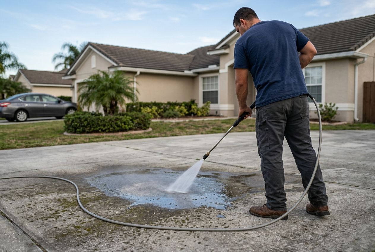 Person pressure washing a concrete driveway in front of a suburban home