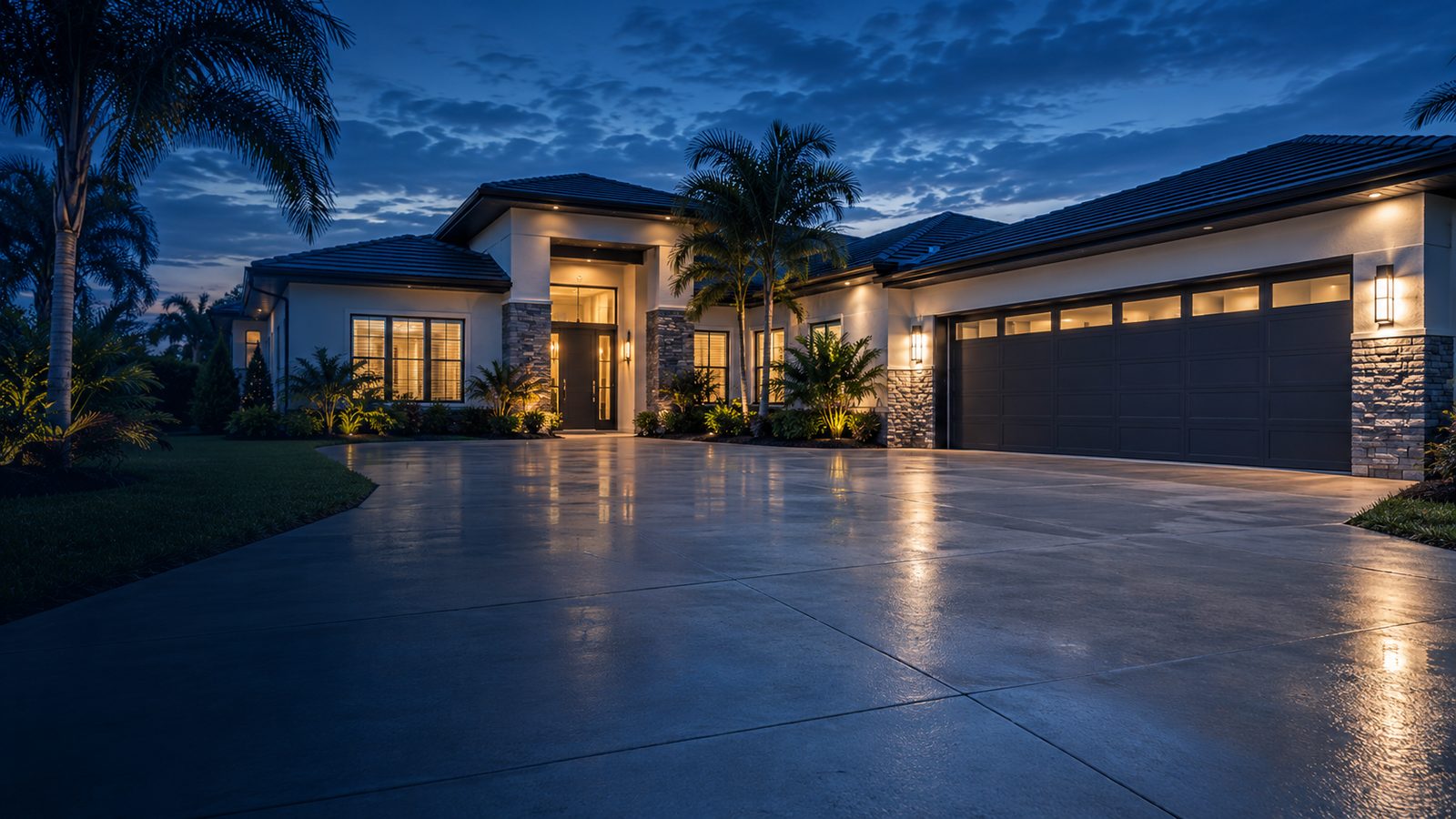 Modern single-story home at dusk with a clean, wet driveway reflecting the house lights
